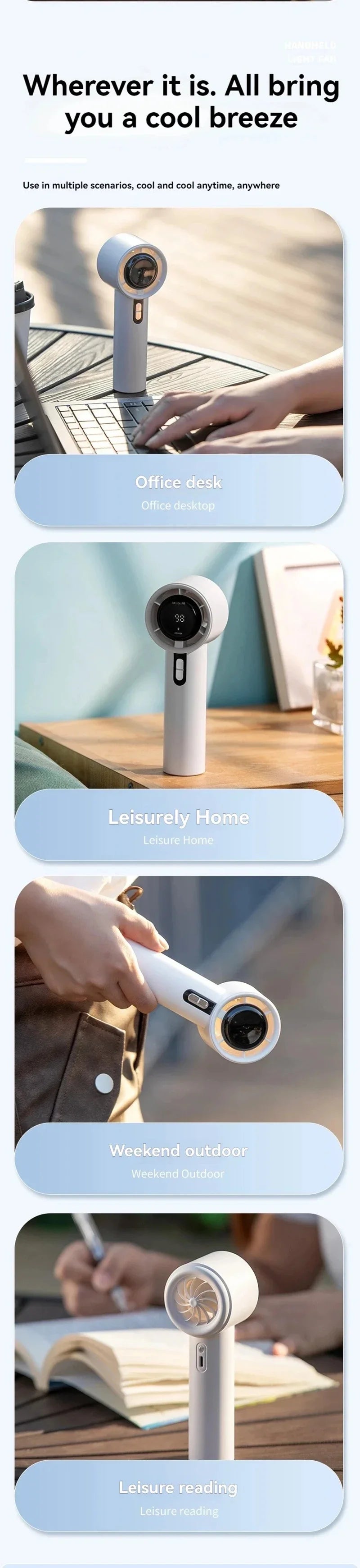 Lenovo Ultra Quiet 100 Speed Handheld Fan USB Rechargeable Portable Mini Turbo Fan for Office and Travel with LED Indicator