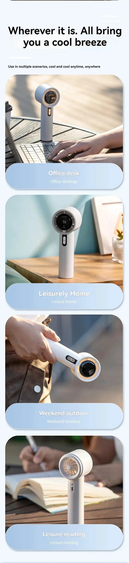Lenovo Ultra Quiet 100 Speed Handheld Fan USB Rechargeable Portable Mini Turbo Fan for Office and Travel with LED Indicator