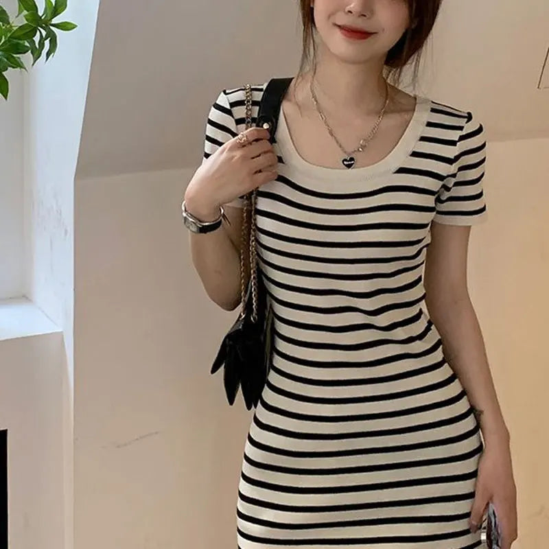 Fashion Striped Knitted Mini Dress Summer Korean Square Collar Waist Women's Clothing Slim Bag Hip Casual Short Sleeve Dresses
