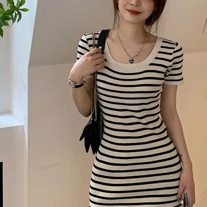 Fashion Striped Knitted Mini Dress Summer Korean Square Collar Waist Women's Clothing Slim Bag Hip Casual Short Sleeve Dresses