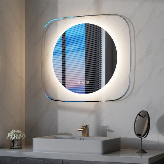 LUVODI Unique Lighted Backlit Bathroom Vanity Mirror 3 Color Dimming Defog LED Bathroom Mirror Design Dressing Mirror Decor