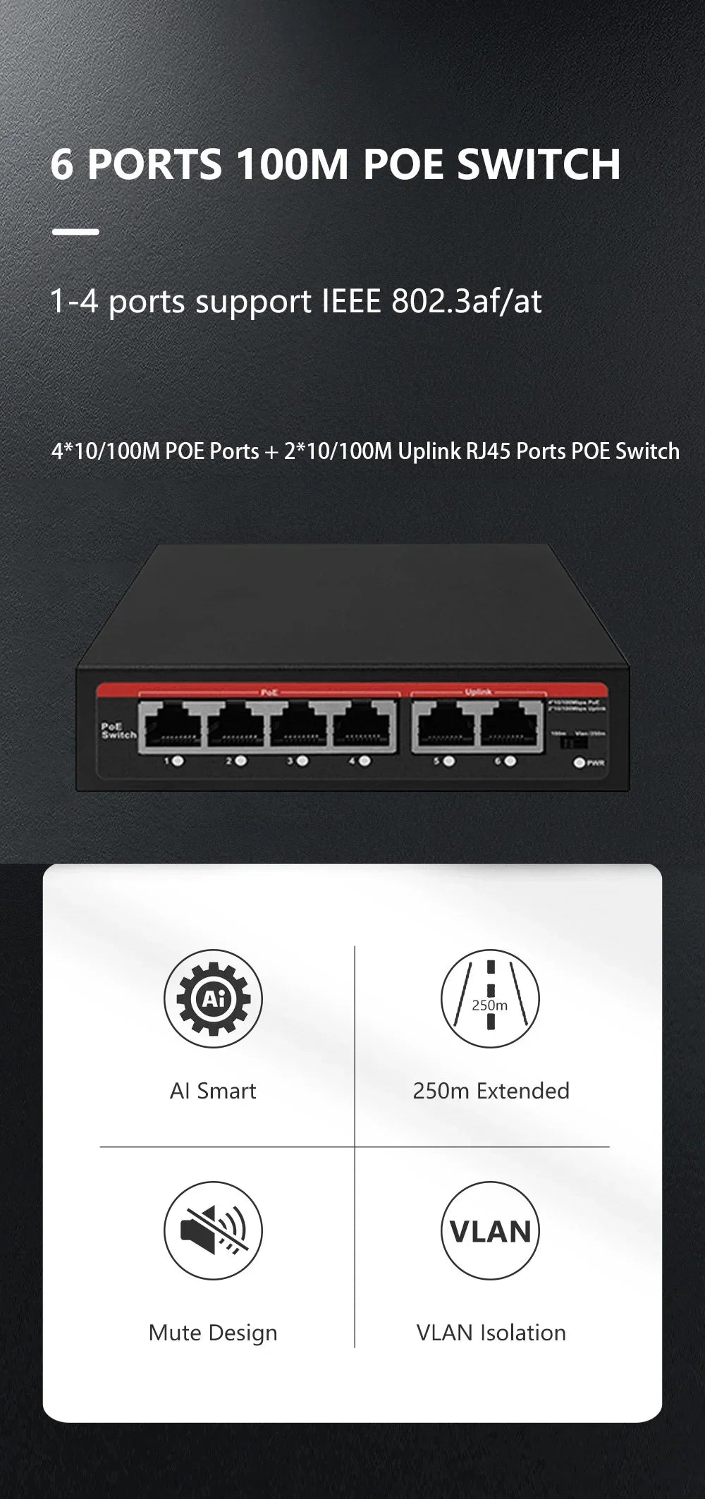 2026 POE Switch 6 Ports 10/100Mbps AI Smart Ethernet Switch with 2 Uplink RJ45 Ports AI Smart Switch for IP Camera/Wireless AP