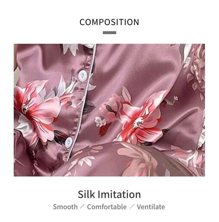 Satin Pajama for Women Flower Print Sleepwear Set Soft Comfort Home Clothes Autumn Short Sleeve Tops & Pants Pyjama Pijama Femme