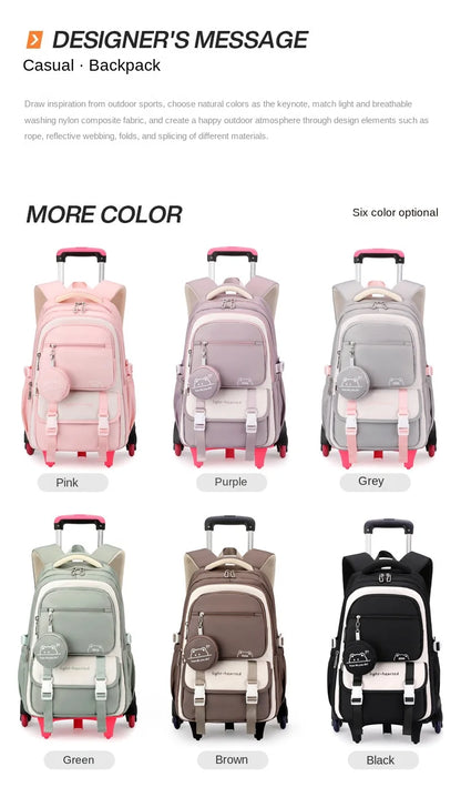 Children School Backpack Trolley Bag with Wheels Students Backpack Book Bag Rolling School bag for Girls Kids Wheeled Backpack