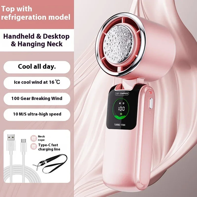 5-Speed Strong Cooling Mini Fan, Foldable & Neck Hanging - 9H Long Battery, Powerful Wind with LED for Office Outdoor Travel