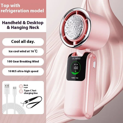 5-Speed Strong Cooling Mini Fan, Foldable & Neck Hanging - 9H Long Battery, Powerful Wind with LED for Office Outdoor Travel