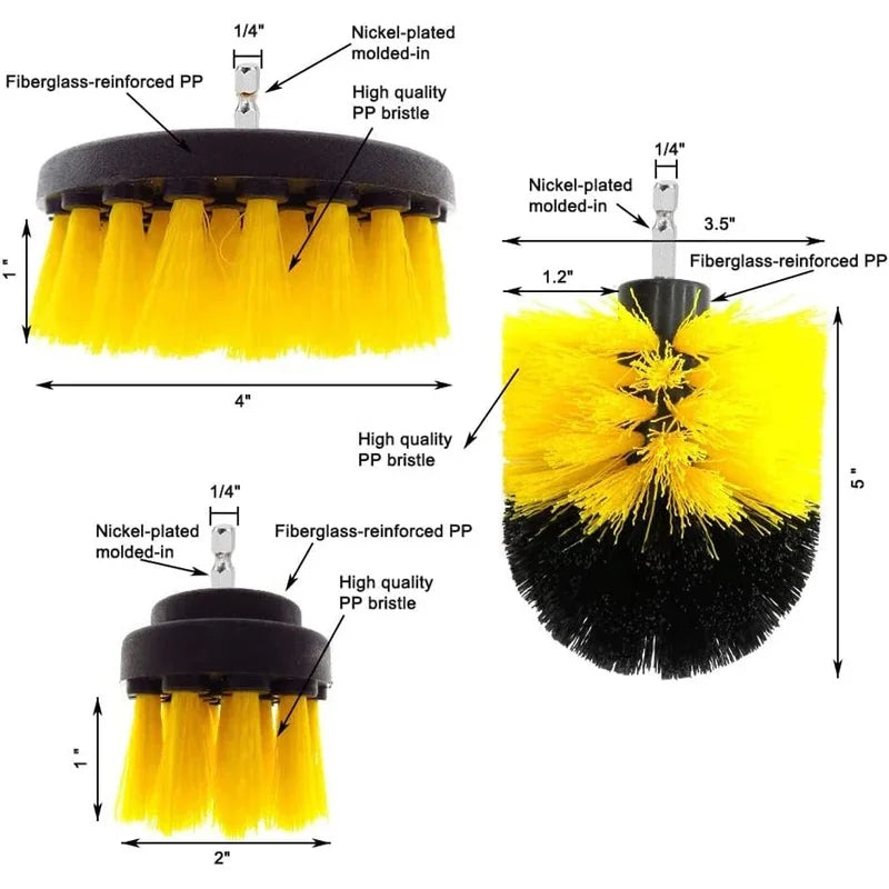 3Pcs Set Electric Scrubber Brush Drill Brush Kit Plastic Round Cleaning Brush For Carpet Glass Car Tires Nylon Brushes 2/3.5/4''