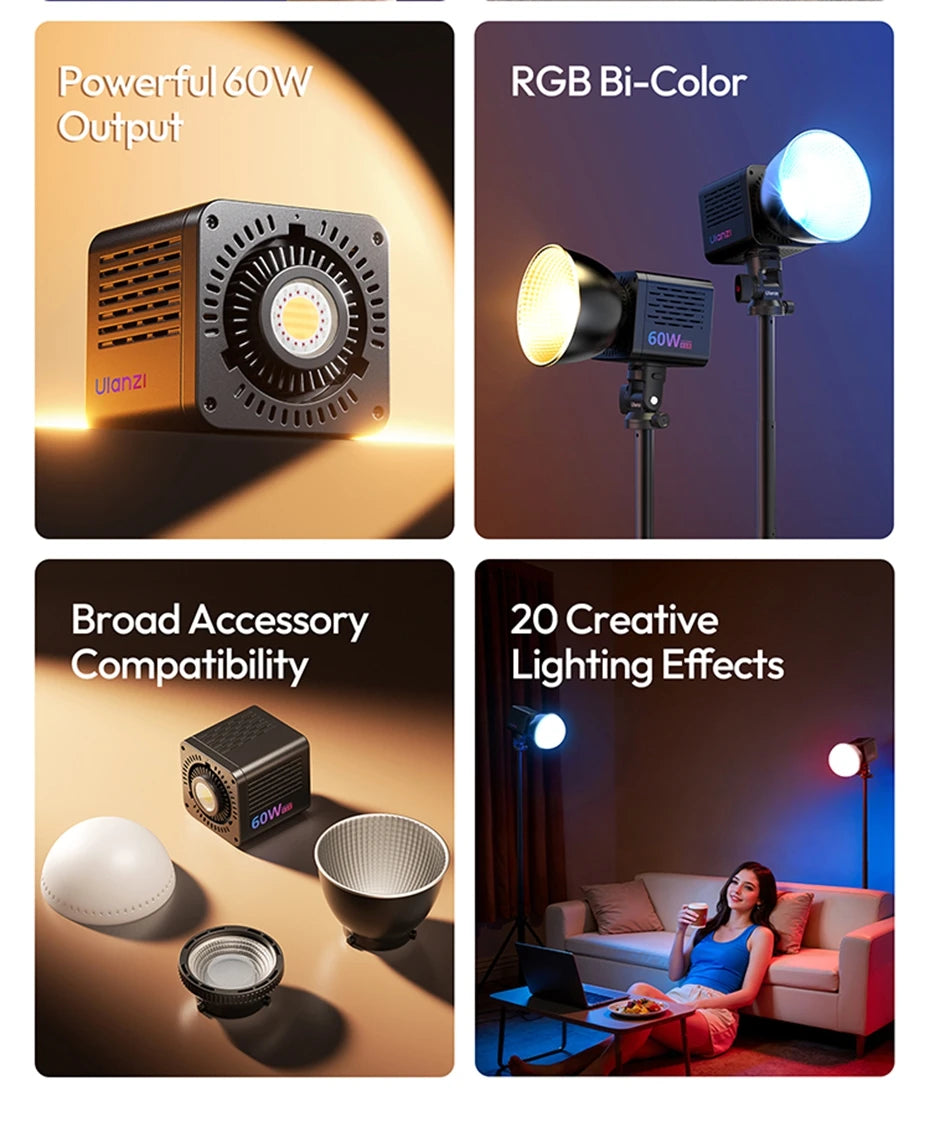 Ulanzi C60 60W RGB COB Light 2500-6500K Bi-Color Video Light For Photography Studio Shooting Outdoor Camping Lighting Vlog
