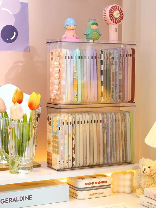 Ins Transparent Phone Case Organizer Storage Box with Cover Home Desktop Acrylic Sundries Storage Basket Phone Case Holder by PDG ibma