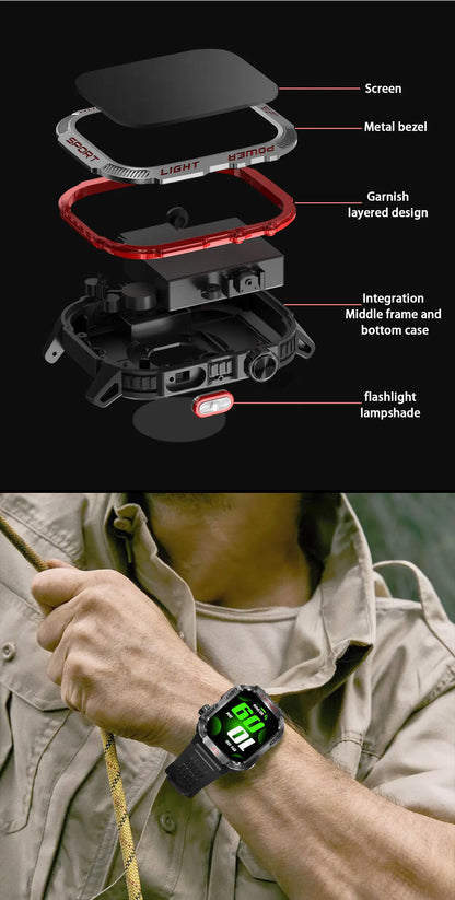 2026 New LED flashlight Military Smart Watch Men IP68 GPS Outdoor Sports Fitness Tracker Health Monitor 2.01" BT Call Smartwatch