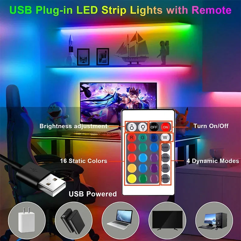 LED USB Strip Light Color Changing 5050 RGB LED Flexible Lights with 24 Keys for Children Gaming Room Home Party TV Backlight
