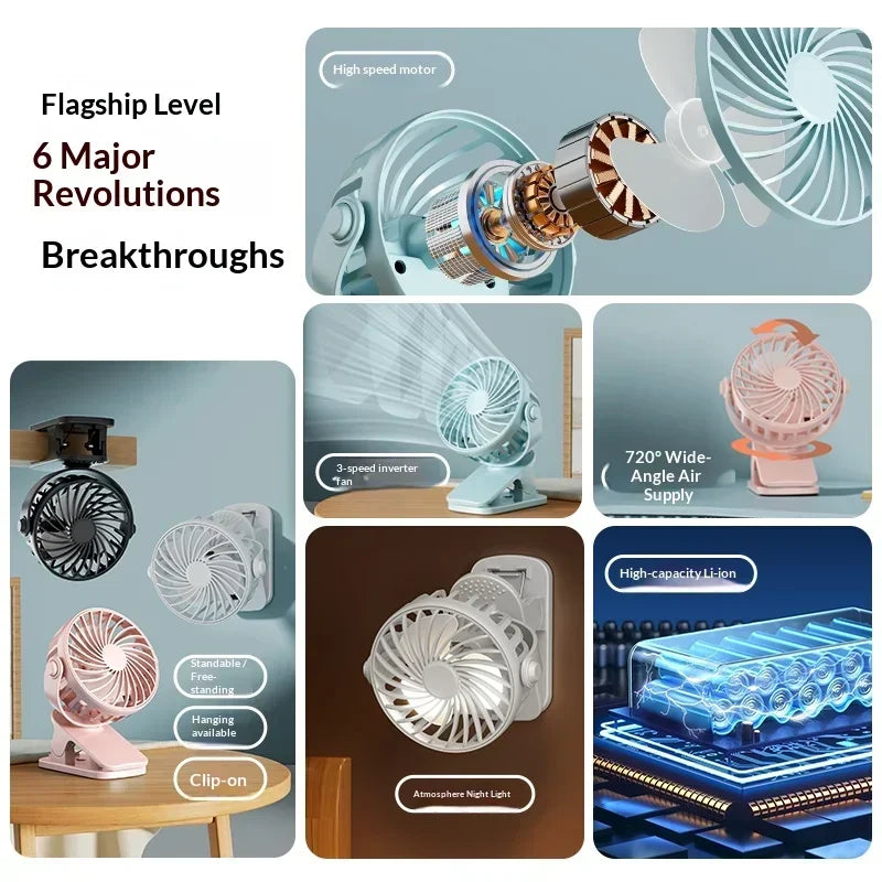 Portable Mini Cooler Fan 720°Rotatable Clip Fan Built In Night Lamp USB Rechargeable Personal Fan For Outdoor Camping Ventilador