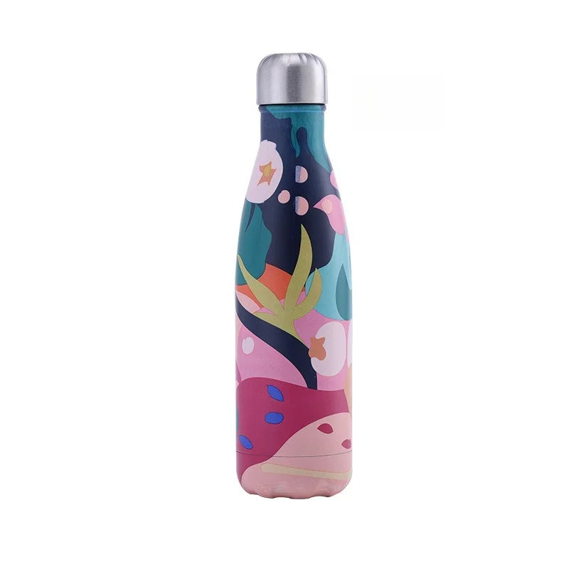 500ml Cola Shape Insulated Bottle, 304 Stainless Steel Vacuum Flask, Marble/Print Portable Water Bottle