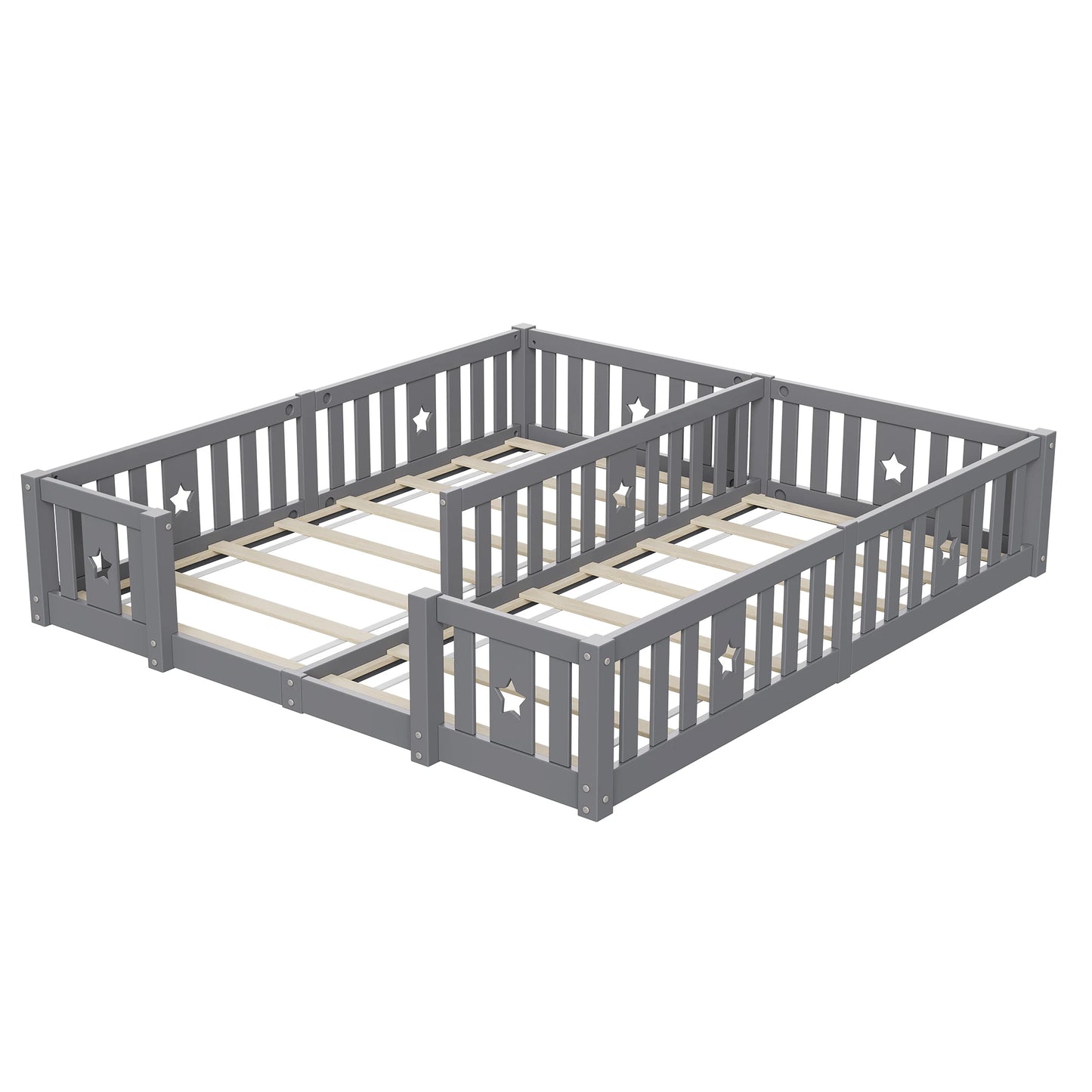 Rosahqnda Children's Bed Floor Bed 90x200cm with Railing Gate,Pine Wooden Bed for Families with 2 Children,Children's Twin Bed