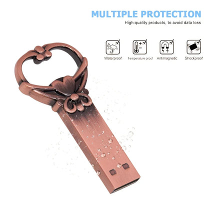 10pcs/lot Copper Love Heart Pen Drive 128GB Metal USB 2.0 Flash Drive 64GB Key Memory Stick Creative Gift Pendrive 64GB Storage