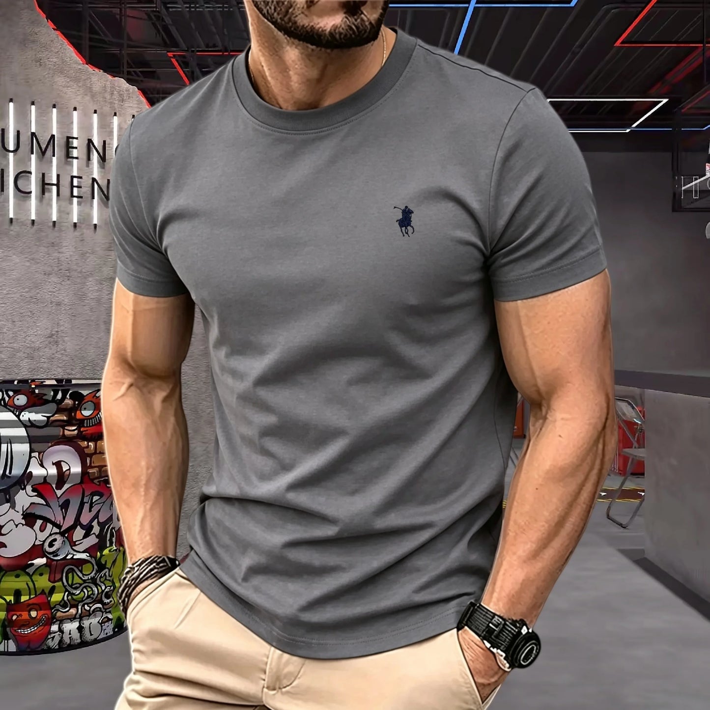 100% pure cotton 2026 high-end brand men's short sleeved round neck top summer fashion luxury pony embroidery top sports T-shirt