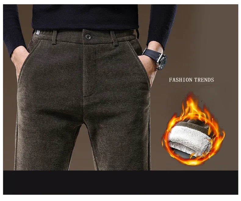 Casual Pants Men Winter New Fleece Business Elastic Waist Slim Korean Warm Thick Brushed Plush Trousers Male 28-38