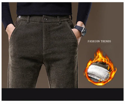 Casual Pants Men Winter New Fleece Business Elastic Waist Slim Korean Warm Thick Brushed Plush Trousers Male 28-38