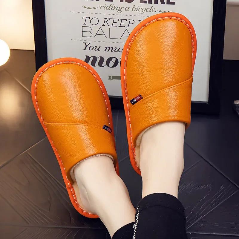 Cotton slippers for men and women at home anti slip and warm indoor Home leather cowhide slippers in winter 2023