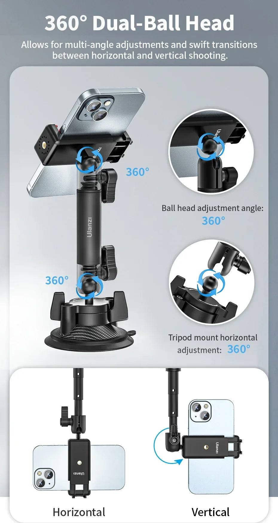 Ulanzi Go-Quick II Action Camera Smartphone Suction Cup Mount 1/4'' Screw 360° Ballhead For GoPro for Insta360 Phone Car Holder