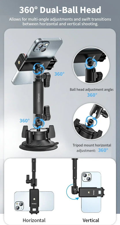 Ulanzi Go-Quick II Action Camera Smartphone Suction Cup Mount 1/4'' Screw 360° Ballhead For GoPro for Insta360 Phone Car Holder