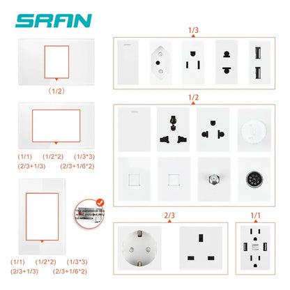 SRAN EU BR AU US standard Dimmer switch and 1 gang switch 16A Wall switch for home improvement tempered glass panel 118*72mm