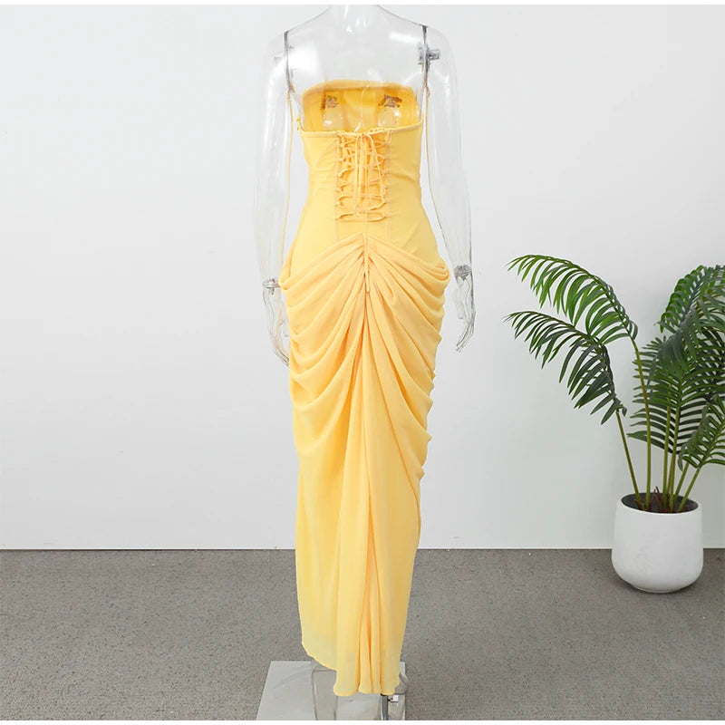 Butter Yellow Mesh Splicing Long Dress Elegant Strapless Split Backless Pleated Gowns For Women 2026 Lady Evening Party Gowns