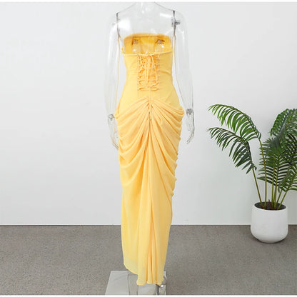 Butter Yellow Mesh Splicing Long Dress Elegant Strapless Split Backless Pleated Gowns For Women 2026 Lady Evening Party Gowns