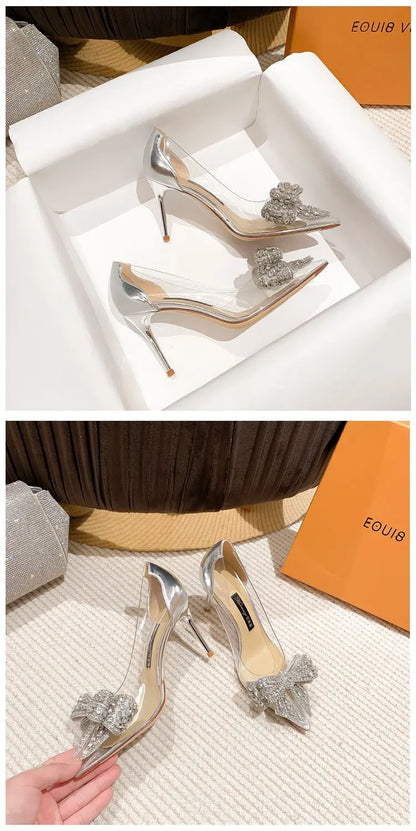 Spring Summer Fashion Rhinestone Bowknot Women Pumps Sexy Silk Pointed Toe Strange High Heels Party Prom Shoes Gold Silver