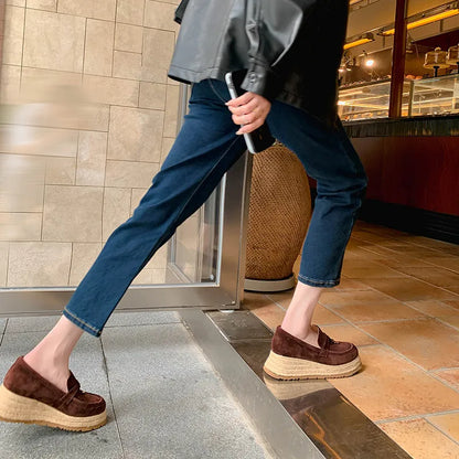 MKKHOU Fashion Loafers New High Quality Real Leather Suede Vintage Straw Braid Platform Shoes Daily Casual Light Shoes Neutral