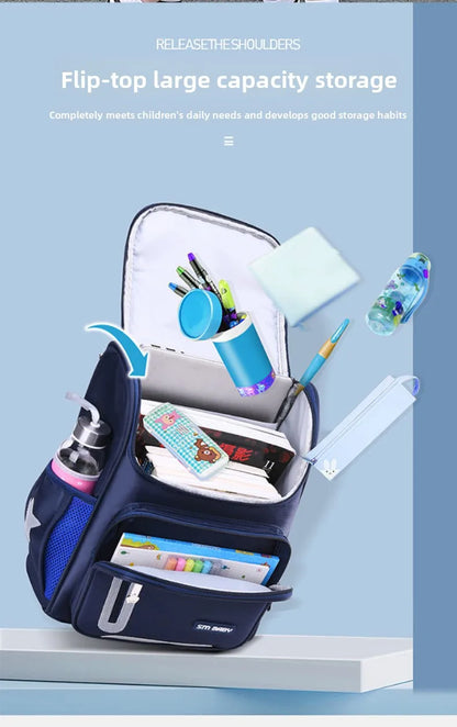 Lightweight Kids Backpack 1 3 6 Grade Spine Protection Reflective Space School Bag for Elementary Students