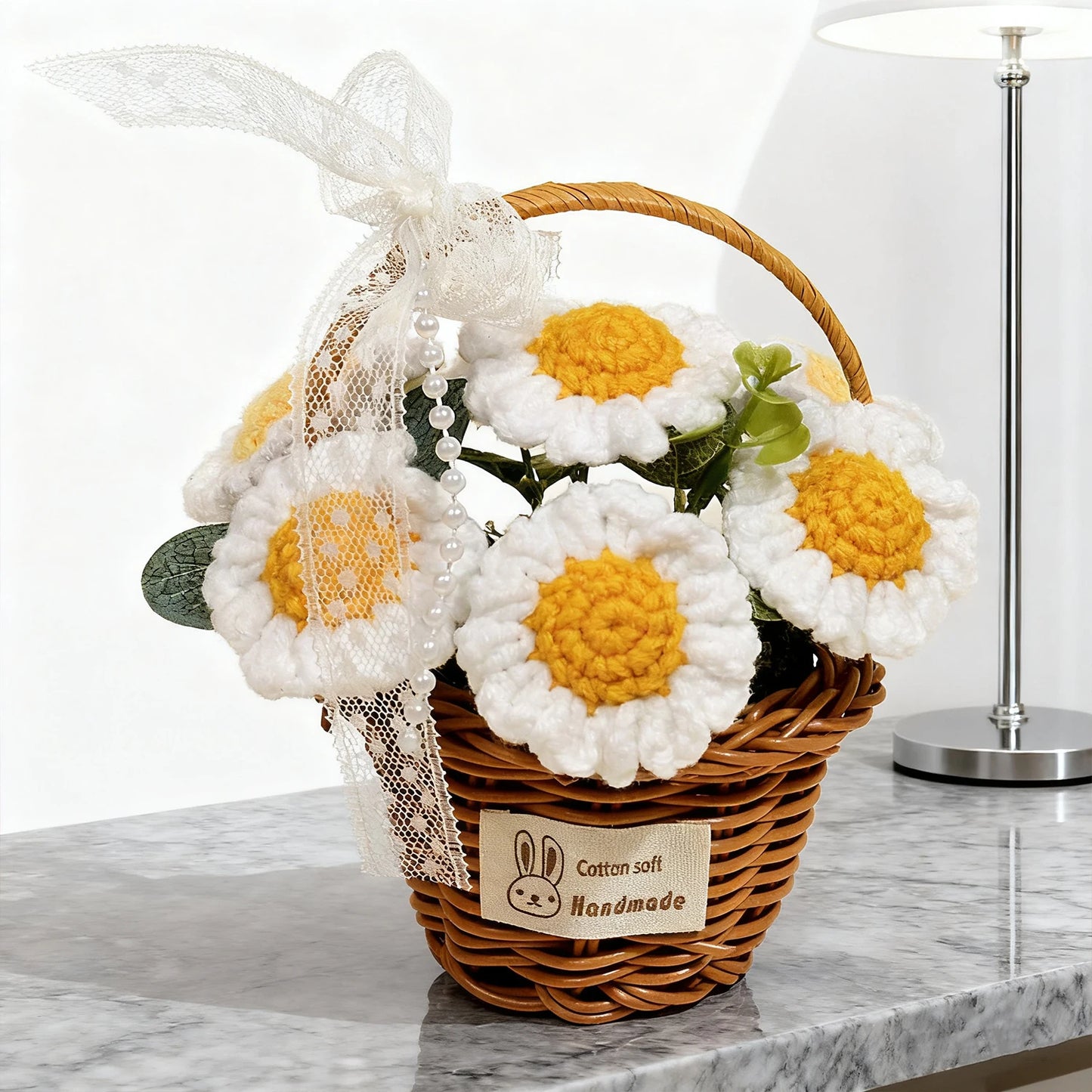 Handmade Crochet Flower Bouquet, Knitted White Daisy Flower for Mother's Day, Christmas, Thanksgiving & Home Decor