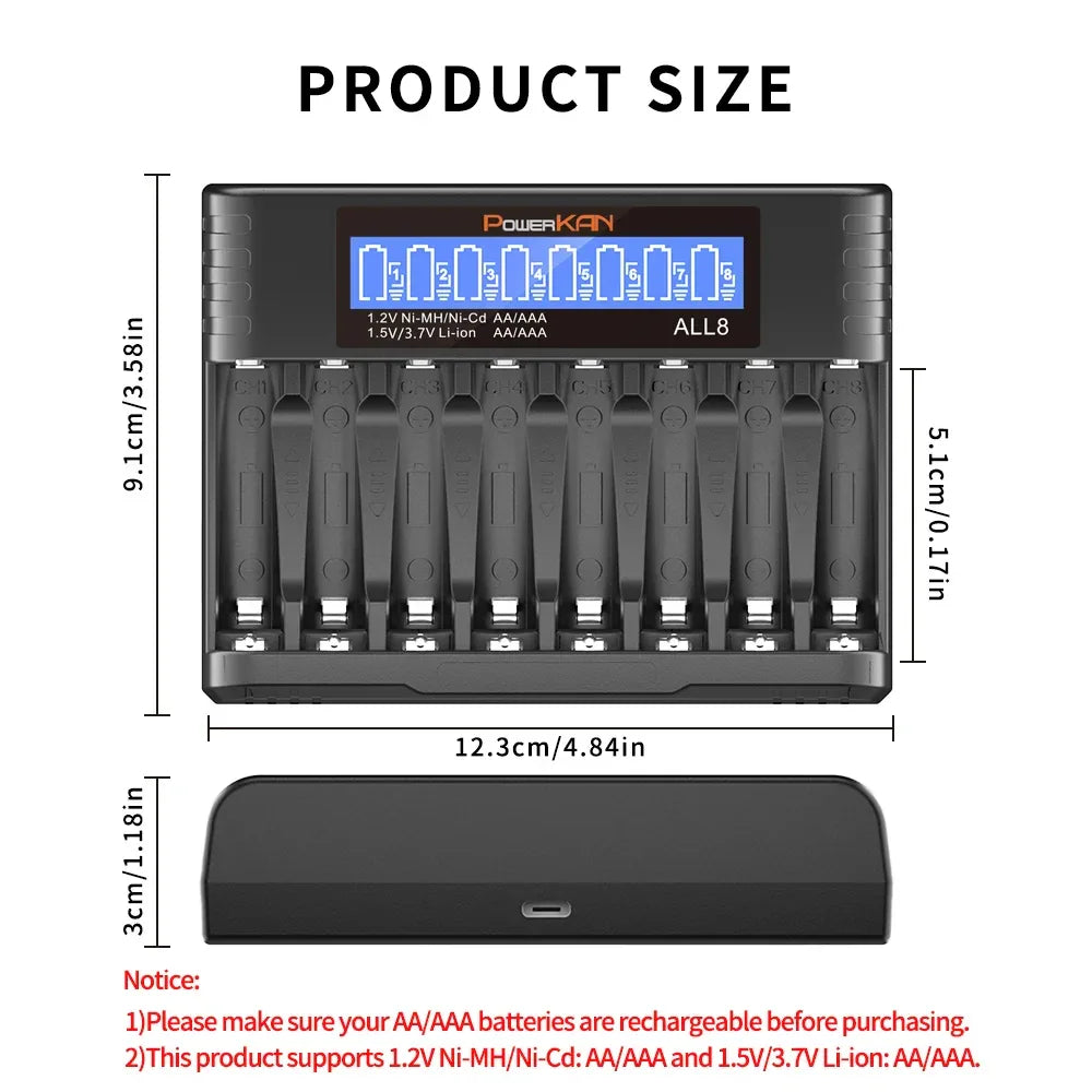 POWERKAN ALL8 charger, 8-slot high-speed LCD AA/AAA charger, suitable for 1.2V Ni-MH 1.5V/3.7V Li-ion rechargeable batteries