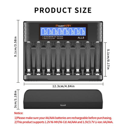 POWERKAN ALL8 charger, 8-slot high-speed LCD AA/AAA charger, suitable for 1.2V Ni-MH 1.5V/3.7V Li-ion rechargeable batteries