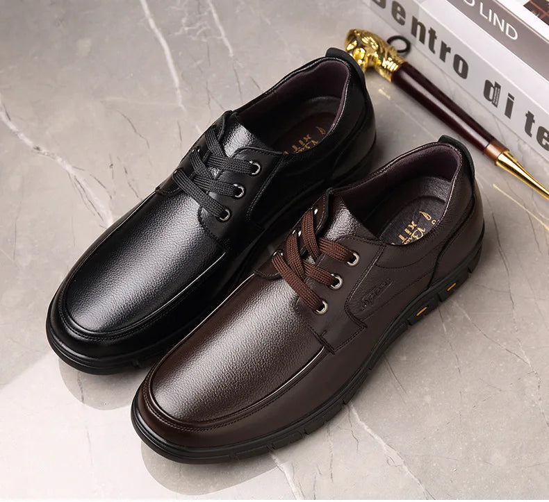 Autumn Men's Leather Shoes True Cowhide Flat Bottom Anti-Slip Plus Size Casual Elderly Father Shoes Rubber Sole China Made
