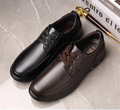 Autumn Men's Leather Shoes True Cowhide Flat Bottom Anti-Slip Plus Size Casual Elderly Father Shoes Rubber Sole China Made