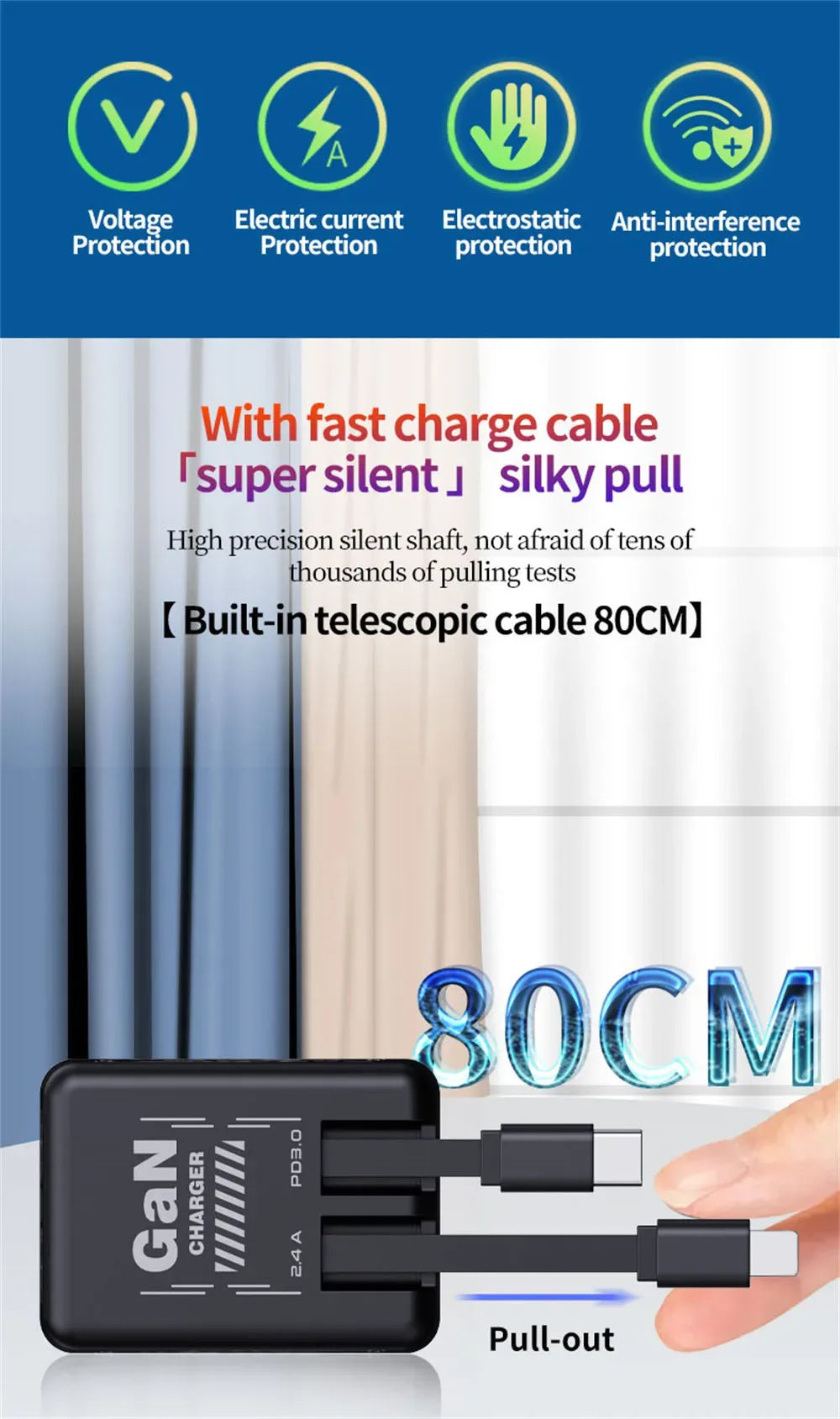 Multi Functional Folding Adapter Charging Protection GaN 20W PD3.0 Fast Charger With Retractable Type-C Cable Portable General