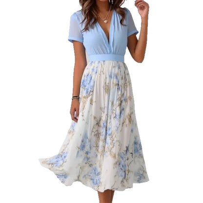 Fashion Floral Print Bohemian Long Dress Woman 2025 Deep V Neck Puff Long Sleeve Slim Waist Patchwork Maxi Dress Summer Vacation