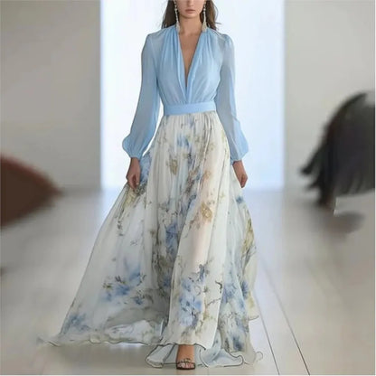 Fashion Floral Print Bohemian Long Dress Woman 2025 Deep V Neck Puff Long Sleeve Slim Waist Patchwork Maxi Dress Summer Vacation