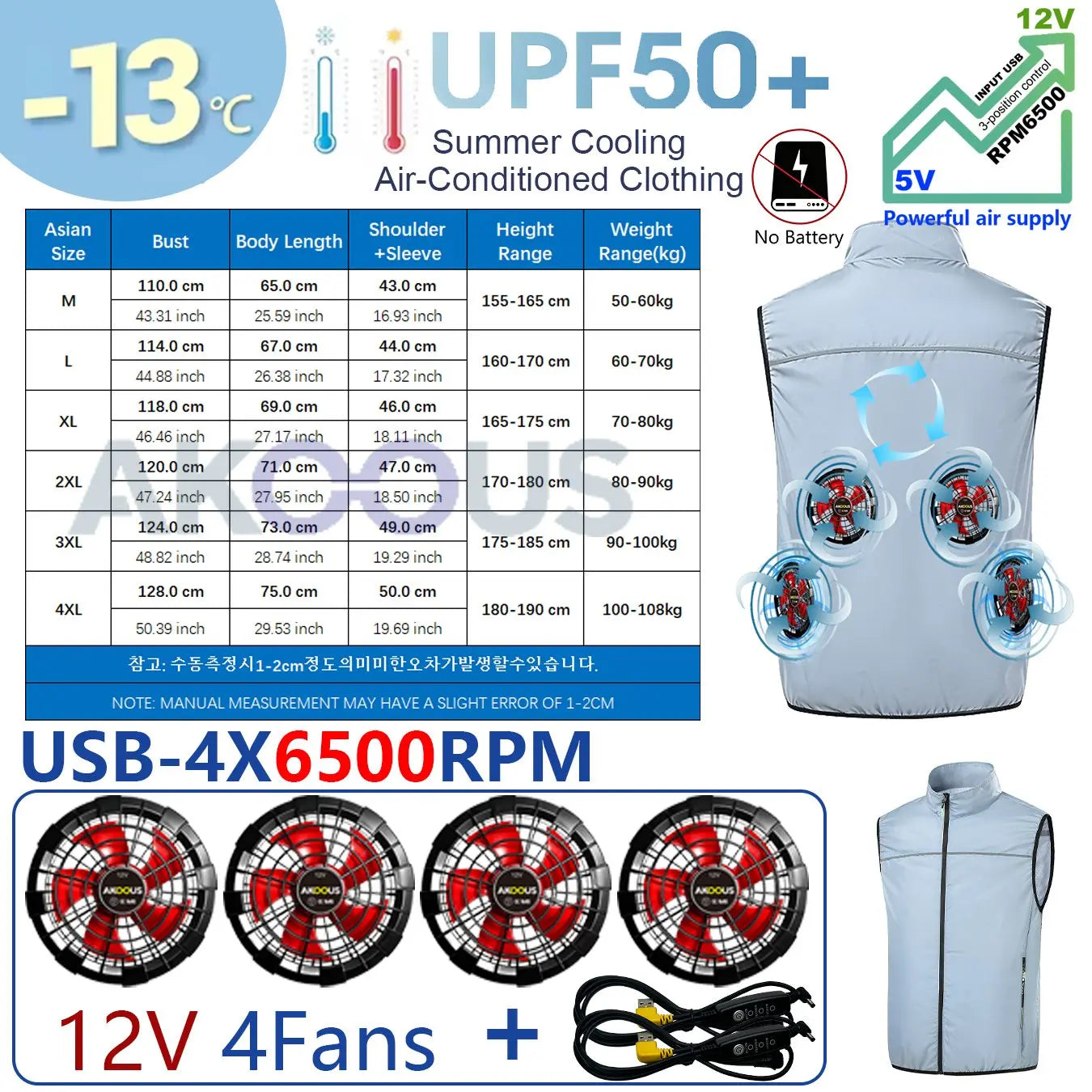 AKOOUS 12V/5V USB 4 Fans Cooling Vest Men Wearable Air Conditioned Clothes for Outdoor Work Fishing Hiking Loose Cool Vest