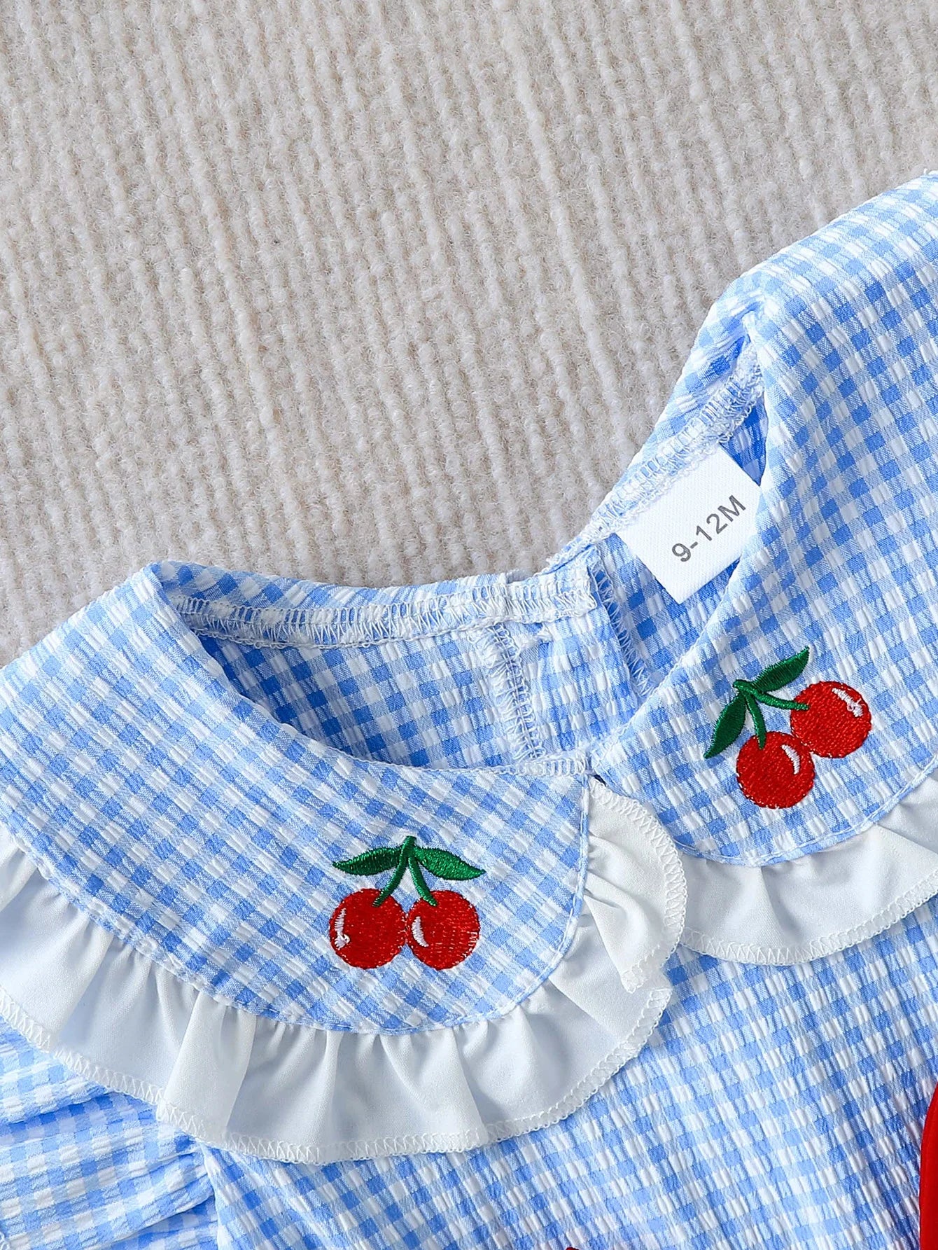 Summer Baby Girls 2Pcs Set 9-12M Blue Gingham Cherry Embroidered Ruffle Top & Bloomers  Infant Casual Daily Wear