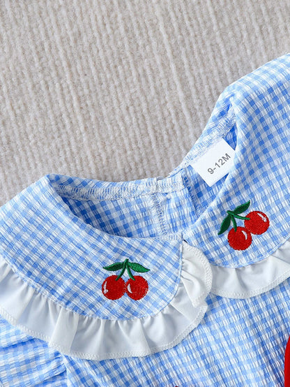 Summer Baby Girls 2Pcs Set 9-12M Blue Gingham Cherry Embroidered Ruffle Top & Bloomers  Infant Casual Daily Wear