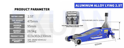 Automotive Aluminum Alloy Horizontal Hydraulic Jack Tire Replacement Auto Repair Lifting Jack Car SUV Off road Vehicle Aluminum
