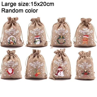 1/30PCS Christmas Linen Drawstring Bags Candy Biscuits Pouchs Burlap Bracelet Jewelry Storage Bags Xmas Kids Gift Packaging Bags