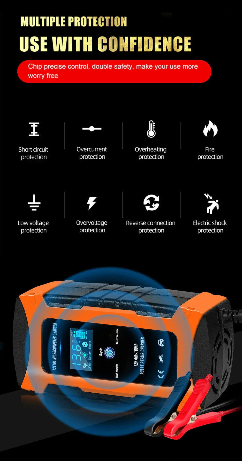 Pulse Repair Car Battery Charger 12V Output Current 10A Max Digital Display Summer Winter Mode Lead-Acid Battery Charger