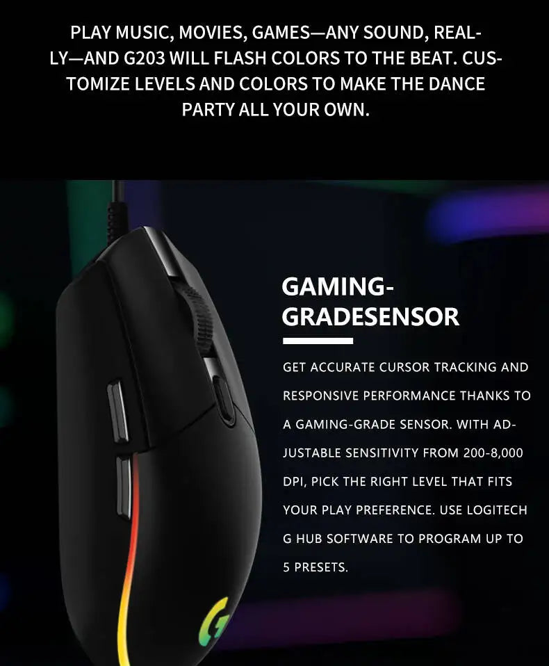 Logitech G102 Wired Gaming Mouse Adjustable DPI 16.8M RGB Colors Mechanical Buttons Ergonomic Design for Competitive Gamers