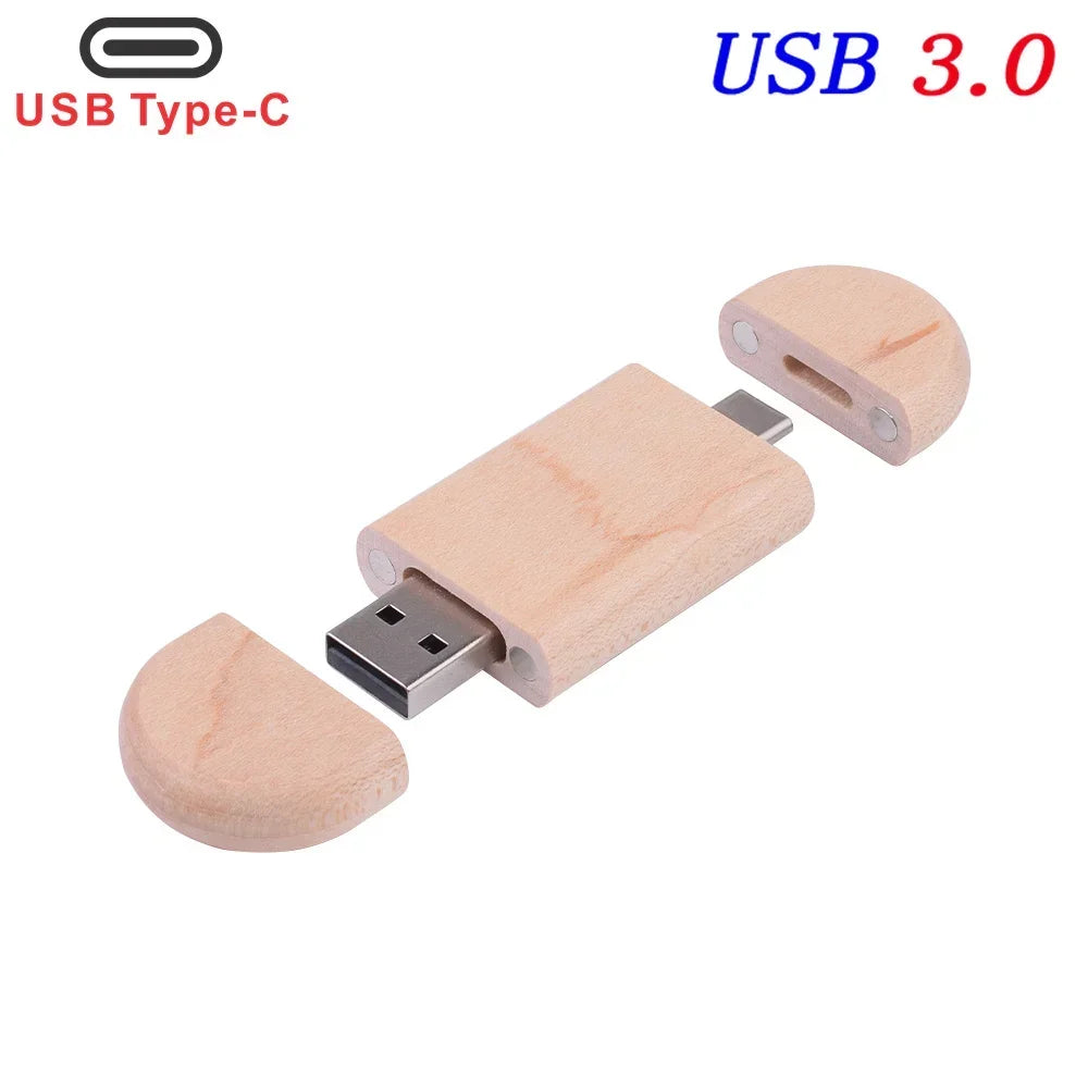 2 IN 1 TYPE-C USB 3.0 Flash Drive 128GB Free Custom Logo Pen Drive 64GB Wooden Pendant Memory Stick 32GB Creative Wedding Gift