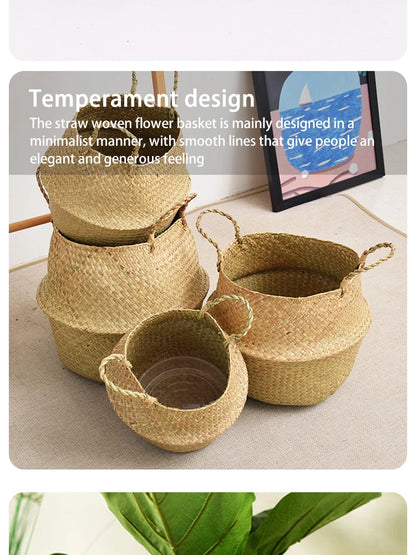 Nordic flower basket, portable woven basket, flower pot, straw woven, bamboo woven, plant woven, floor-standing folding straw wo