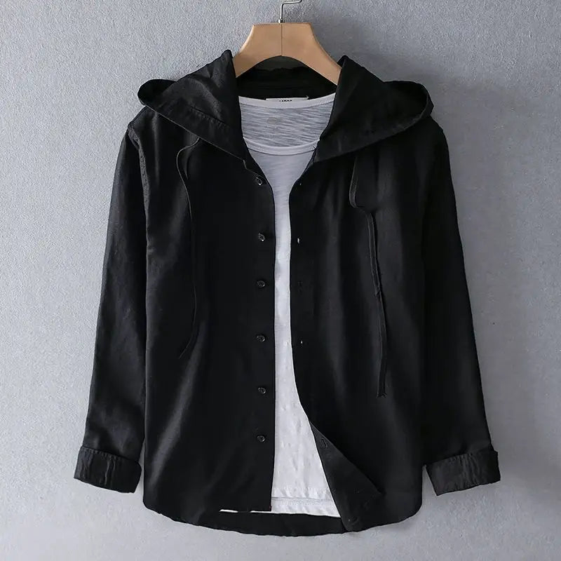 Spring Summer New Hooded Long-sleeved Solid Inen Shirt Trendy Men's Thin Loose Youth Fashionable Cotton Linen Sunscreen Shirt