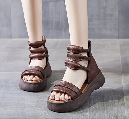 Koznoy 8cm Natural Genuine Leather Sandals Boots Flats Platform Wedge Summer Women Hollow Pumps Peep Toe Booties Mary Jane Shoes